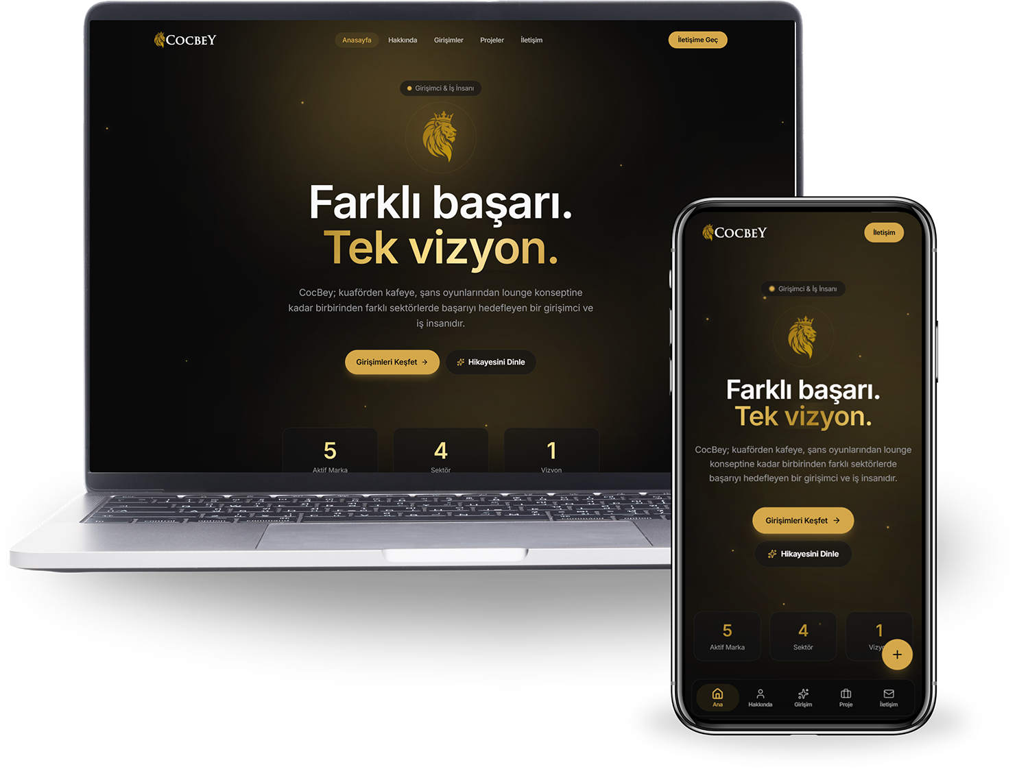CocBey kurumsal web sitesi — siyah ve altın temalı holding sayfası