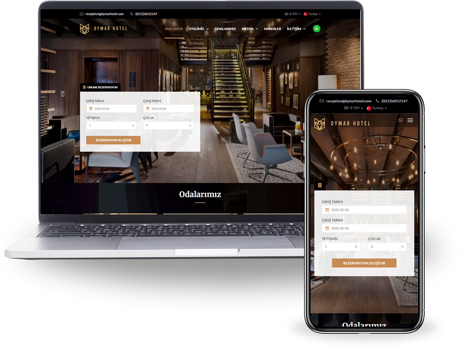 Dymar Hotel web sitesi — siyah ve bakır temalı otel sayfası