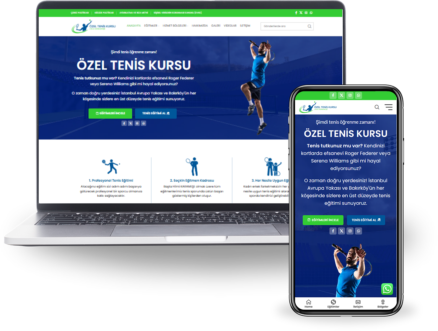 Özel Tenis Kursu web sitesi — mavi yeşil spor teması